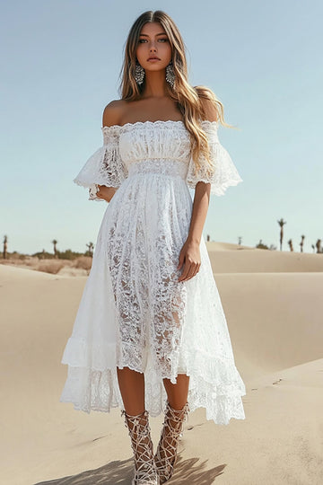 A Line Lace White Off the Shoulder High-Low Boho Dress